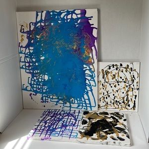 Abstract four-piece multicolored acrylic drip painting set